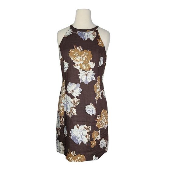 Boston Proper Dresses & Skirts - Boston Proper 100% Linen Floral Mini Dress 10 Brown High Neck Sleeveless Beach